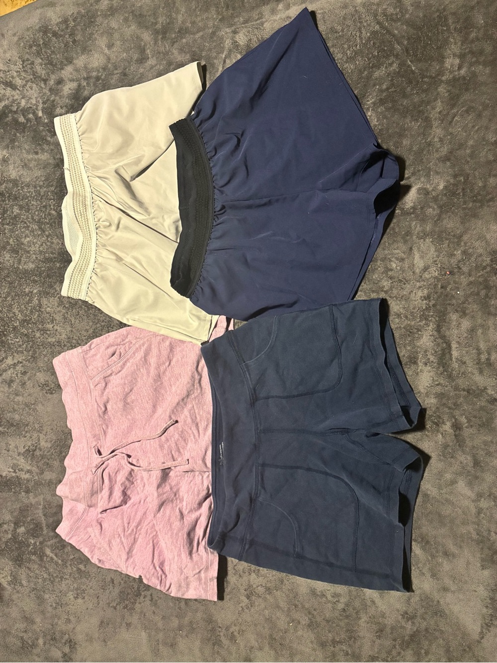 4-Pack Women’s Athletic Shorts — Navy, Light Purple, Light Gray, Dark Blue